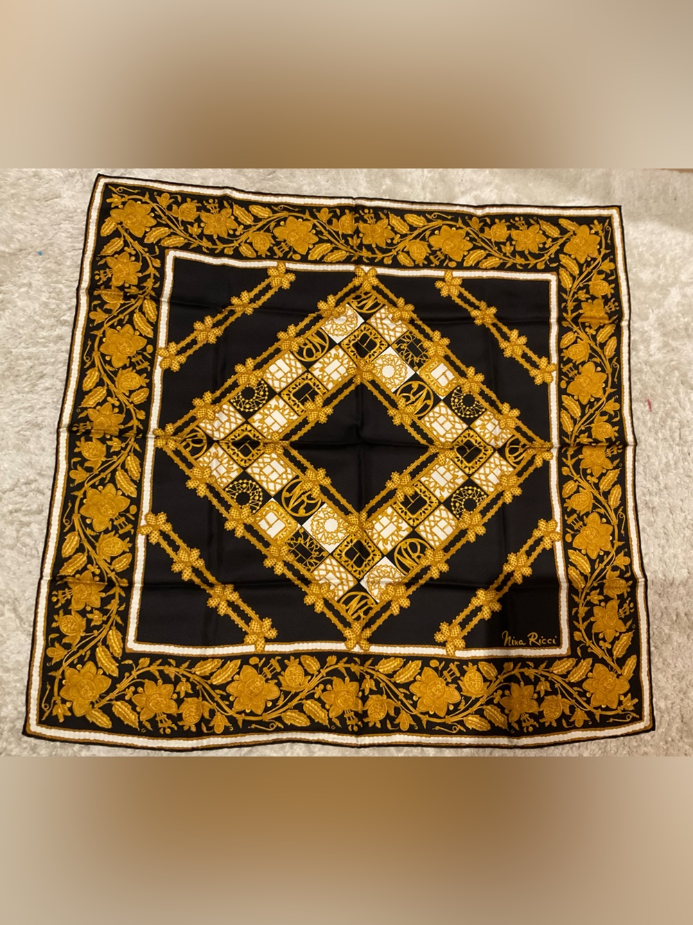 Nina Ricci Black and Gold Floral Chain Print Silk Scarf